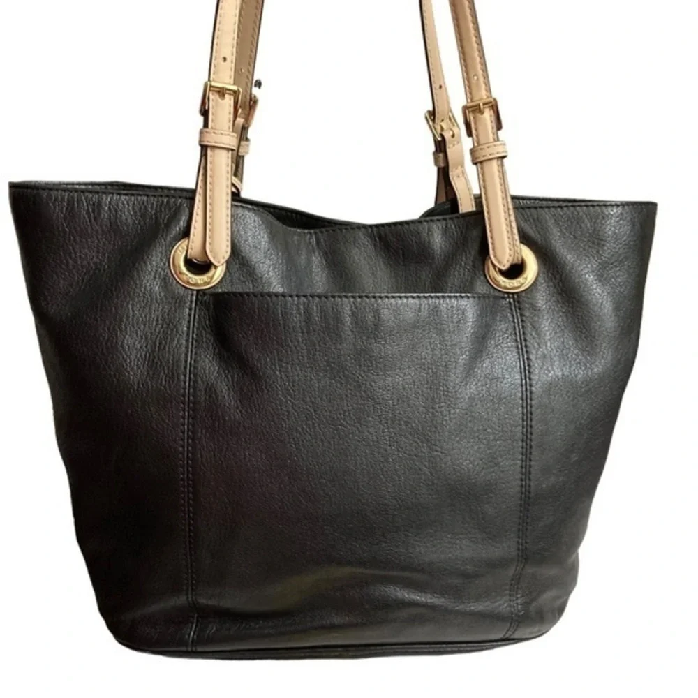 Michael Kors soft black leather tote bag with gold logo hangtag
